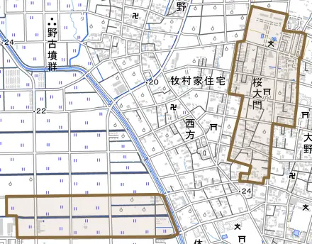 大字桜大門とその周辺の地図。町の範囲を重ねている
