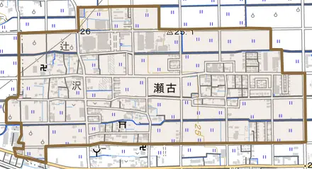 大字瀬古とその周辺の地図。町の範囲を重ねている