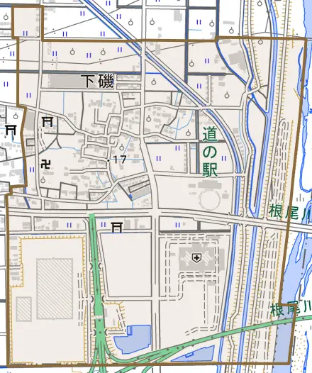 大字下磯とその周辺の地図。町の範囲を重ねている