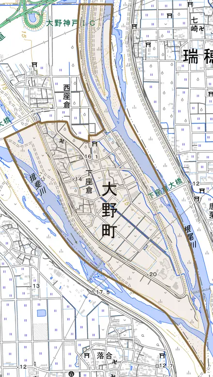 大字下座倉とその周辺の地図。町の範囲を重ねている