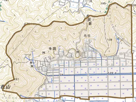 大字牛洞とその周辺の地図。町の範囲を重ねている