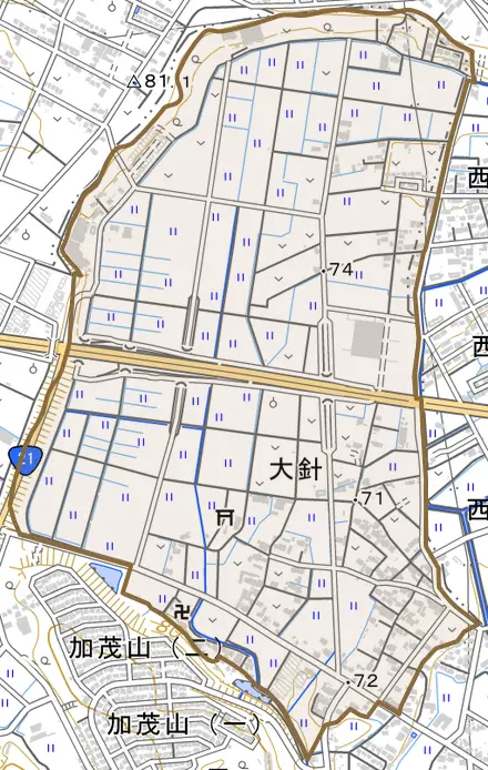 大針とその周辺の地図。町の範囲を重ねている