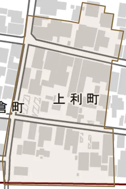 上利町とその周辺の地図。町の範囲を重ねている