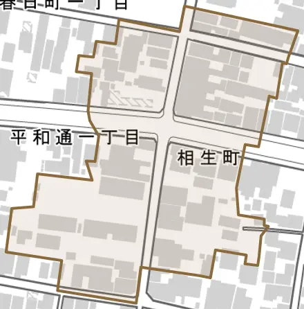 相生町とその周辺の地図。町の範囲を重ねている