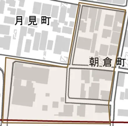 朝倉町とその周辺の地図。町の範囲を重ねている