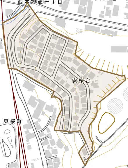 安桜台とその周辺の地図。町の範囲を重ねている