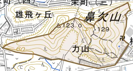力山とその周辺の地図。町の範囲を重ねている