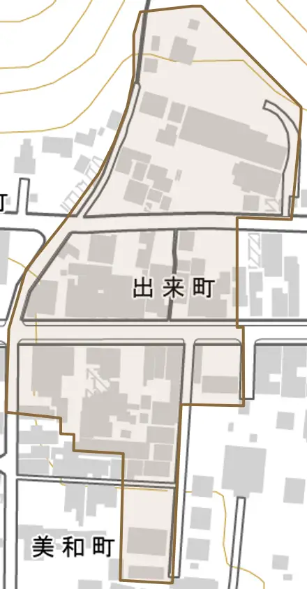 出来町とその周辺の地図。町の範囲を重ねている