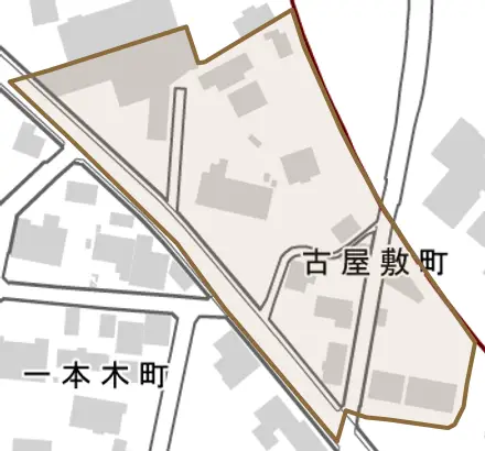 古屋敷町とその周辺の地図。町の範囲を重ねている