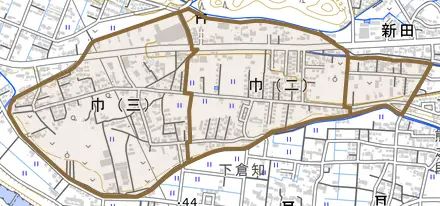 巾とその周辺の地図。町の範囲を重ねている
