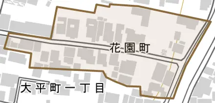 花園町とその周辺の地図。町の範囲を重ねている