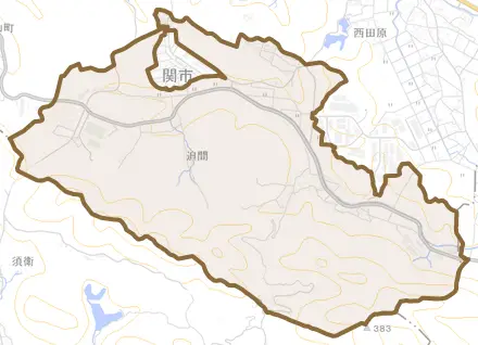 迫間とその周辺の地図。町の範囲を重ねている
