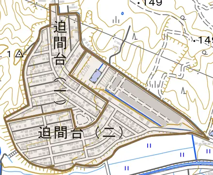 迫間台とその周辺の地図。町の範囲を重ねている