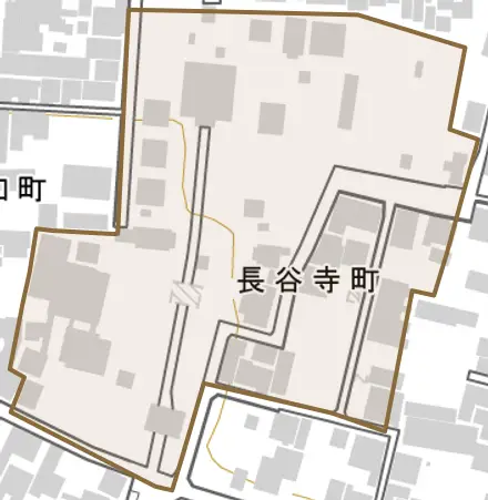 長谷寺町とその周辺の地図。町の範囲を重ねている