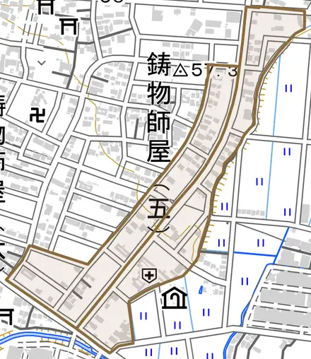 平成通とその周辺の地図。町の範囲を重ねている
