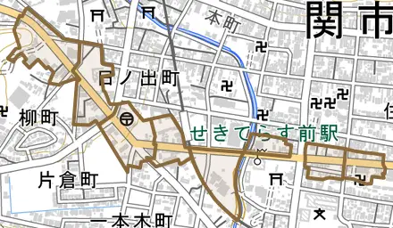 平和通とその周辺の地図。町の範囲を重ねている