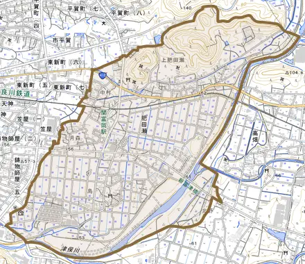 肥田瀬とその周辺の地図。町の範囲を重ねている