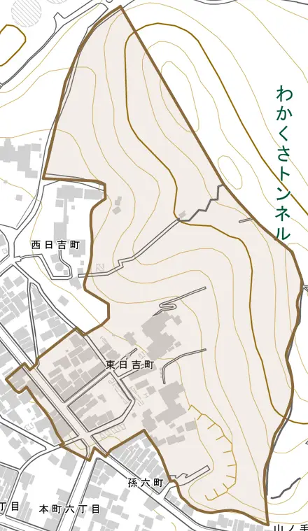 東日吉町とその周辺の地図。町の範囲を重ねている