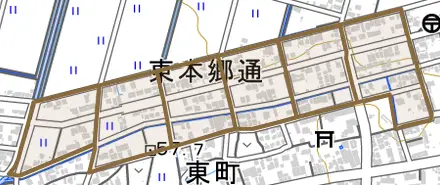 東本郷通とその周辺の地図。町の範囲を重ねている
