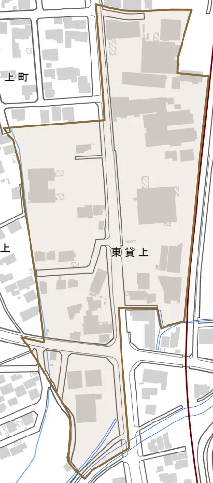 東貸上とその周辺の地図。町の範囲を重ねている