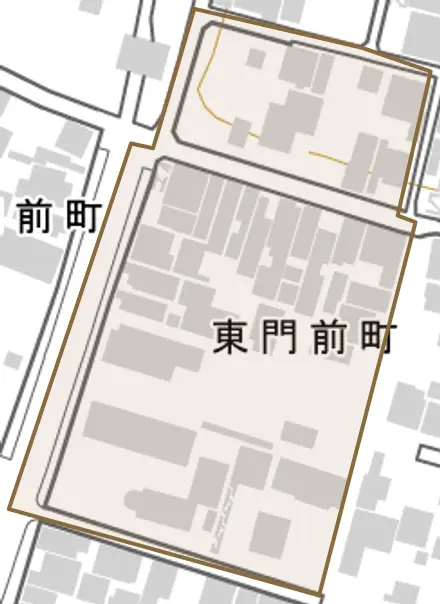 東門前町とその周辺の地図。町の範囲を重ねている