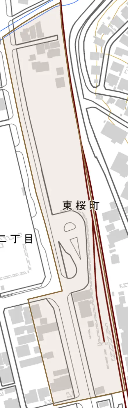 東桜町とその周辺の地図。町の範囲を重ねている
