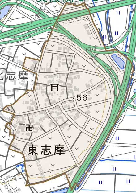 東志摩とその周辺の地図。町の範囲を重ねている