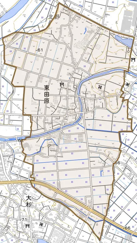 東田原とその周辺の地図。町の範囲を重ねている