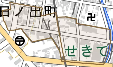 日ノ出町とその周辺の地図。町の範囲を重ねている