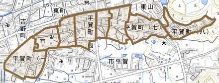 平賀町とその周辺の地図。町の範囲を重ねている