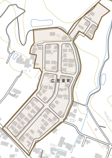 広見東町とその周辺の地図。町の範囲を重ねている