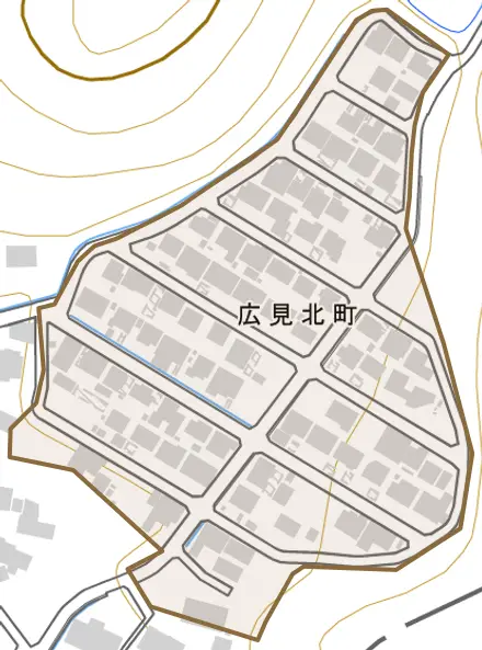 広見北町とその周辺の地図。町の範囲を重ねている