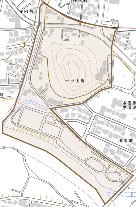 一ツ山町とその周辺の地図。町の範囲を重ねている