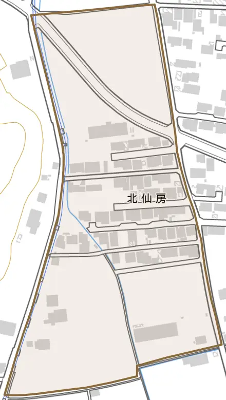 北仙房とその周辺の地図。町の範囲を重ねている
