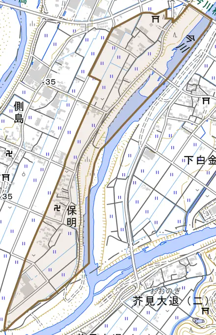 保明とその周辺の地図。町の範囲を重ねている