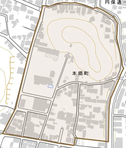 本郷町とその周辺の地図。町の範囲を重ねている