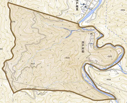 洞戸阿部とその周辺の地図。町の範囲を重ねている