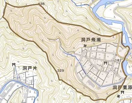 洞戸飛瀬とその周辺の地図。町の範囲を重ねている