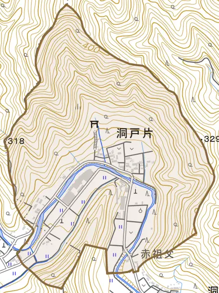 洞戸片とその周辺の地図。町の範囲を重ねている
