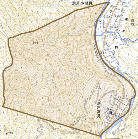 洞戸高見とその周辺の地図。町の範囲を重ねている