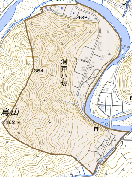 洞戸小坂とその周辺の地図。町の範囲を重ねている