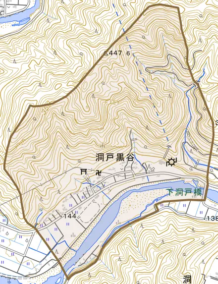 洞戸黒谷とその周辺の地図。町の範囲を重ねている