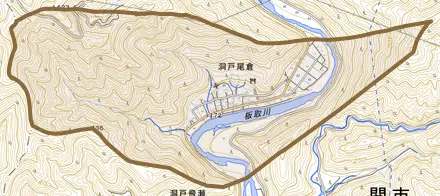 洞戸尾倉とその周辺の地図。町の範囲を重ねている