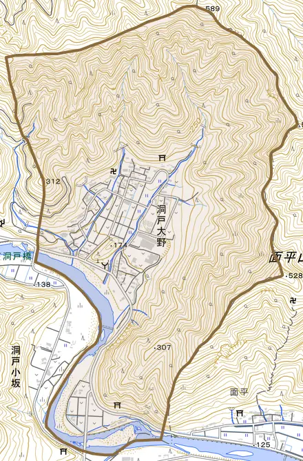洞戸大野とその周辺の地図。町の範囲を重ねている
