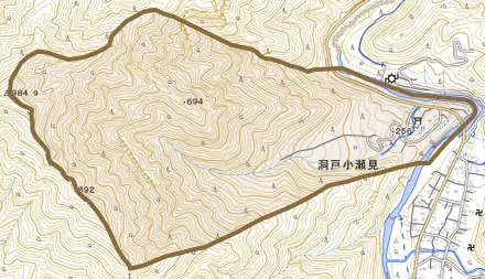 洞戸小瀬見とその周辺の地図。町の範囲を重ねている