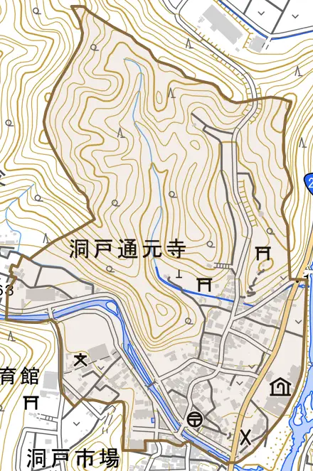 洞戸通元寺とその周辺の地図。町の範囲を重ねている