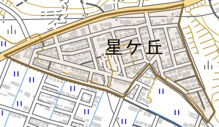 星ケ丘とその周辺の地図。町の範囲を重ねている