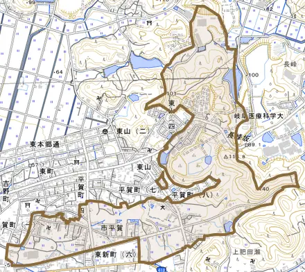 市平賀とその周辺の地図。町の範囲を重ねている