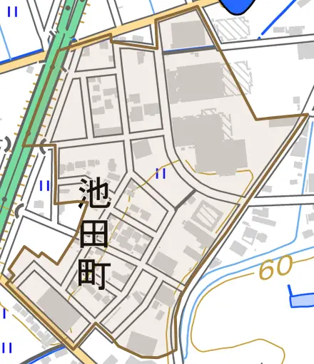 池田町とその周辺の地図。町の範囲を重ねている