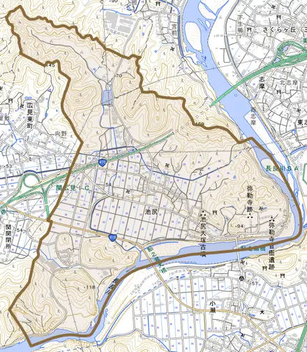 池尻とその周辺の地図。町の範囲を重ねている
